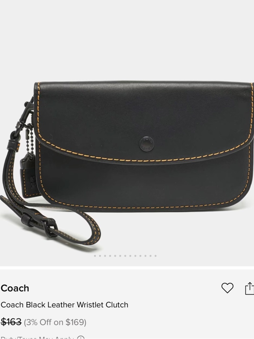 Coach Black Leather Wristlet with Contrasting Yellow Stitching